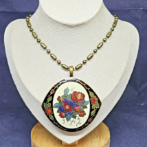 Vintage Cloisonne Large Pendant Brass Tone Chain Necklace Gold Black Red - $29.95