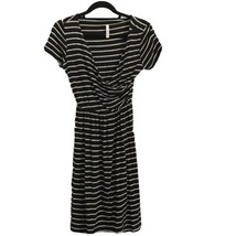 GILLI Womens Dress Black Tan Striped Faux Wrap V-Neck Short Sleeve Sz Sm... - £9.20 GBP