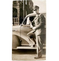 WW2 Soldier Real Photo Antique Classic Car 1940s Unknown Location E83H - $27.10 CAD