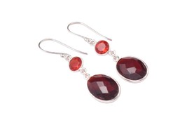 925 Sterling Silver Red Garnet Stone Handmade Lovely Dangle Nice Earrings ES - £29.98 GBP