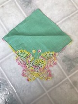 Vintage New Irish Linen Green Handkerchief Crocheted Decorative Corner butterfly - £41.43 GBP