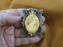 (CM68-28) ROSES in HAIR LADY peach + ivory oval CAMEO brass Pin Pendant Jewelry - £27.64 GBP