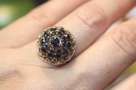 Fine 14K Yellow Gold Vintage Sapphire Ring Cocktail Cluster Filigree Design 6.5 - £242.34 GBP