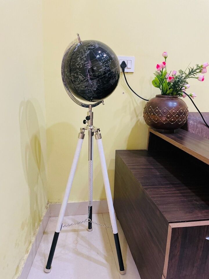 Primary image for Handmade World Globe White Leather Tripod Stand Atlas Black Globe For Home Decor