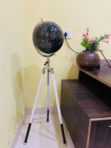 Handmade World Globe White Leather Tripod Stand Atlas Black Globe For Home Decor - £111.96 GBP