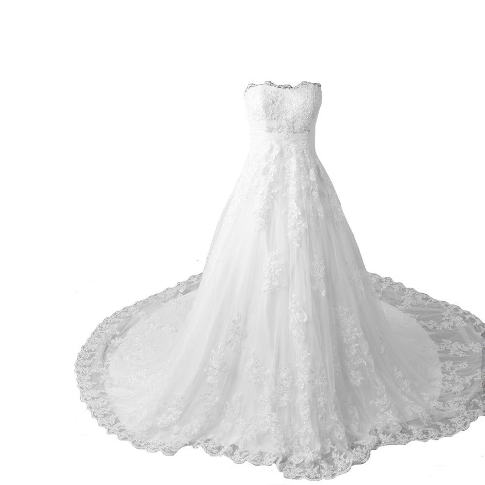 Kivary Women's Long A Line Tulle Lace Appliques Beaded Wedding Dresses White US