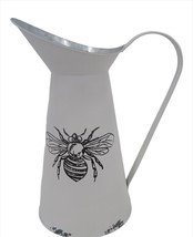 Bee Pitcher Vase 10.5" High Rustic Metal White with Large Handle Retro Design