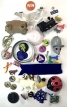Vintage Junk Drawer Lot Button Pinbacks, Toys, Toy Parts Etc - $25.00