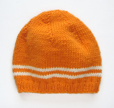 orange merino wool women beanie with cream white stripes, eco-friendly, unisex - £17.77 GBP+