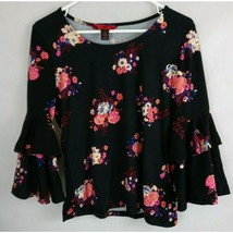 Hot Kiss Black  Bell Sleeve Blouse With Multi-Color Floral Design Size Large - £15.49 GBP