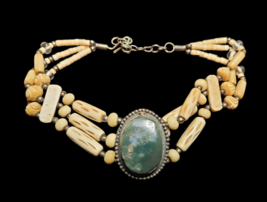 Vintage Sterling Silver Turquoise Card Bead 3 Line Choker Necklace South... - $346.45