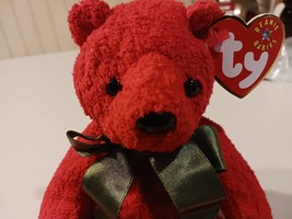 TY Beanie Babies Mistletoe The Soft Nappy Red Bear With Dark Green Ribbon - £8.78 GBP