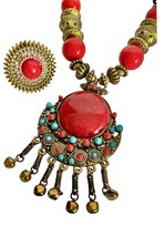 Bundle, Lot, Set Wooden Beads BOHO Ethnic Pendant Long Necklace Adjustable Ring - $18.05