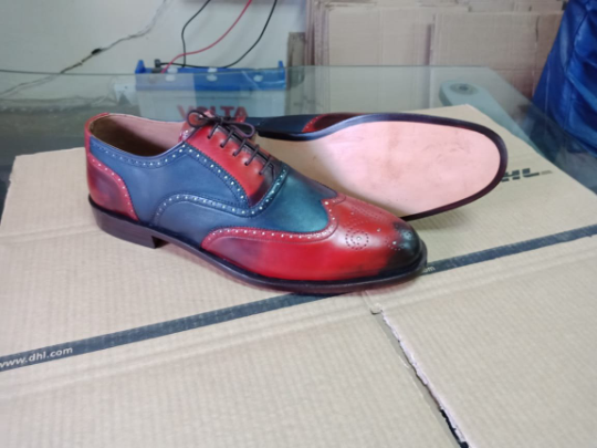 Oxford Shoes Blue Burgundy Cont Burnished Brogue Toe Premium Quality Leather