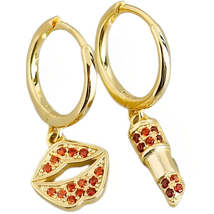 Anyco Earrings Gold Plated Red Zirconia Lips Lipstick Drape Design For Women  - £17.66 GBP