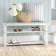 White Slatted Wood 2-Shelf Shoe Rack Storage Bench For Entryway or Closet - £195.14 GBP