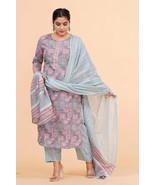 Trendy Womens Gray Flower Print Cotton Stitched kurti pant with dupatta - $49.99