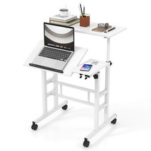 Mobile Stand-up Computer Desk Adjustable with 2 Tilting Desktops-White - Color:  - $138.49