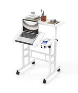 Mobile Stand-up Computer Desk Adjustable with 2 Tilting Desktops-White -... - $138.49