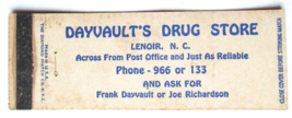 Dayvault&#39;s Drug Store - Lenoir, North Carolina Full-Length 20FS Matchbook Cover - £1.31 GBP