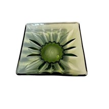 Vintage Sunflower Daisy Square Avocado Green Glass Candy Nut Dish Bowl - £9.41 GBP