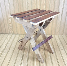  VTG Folding Table Rustic Stool Tooled Leather and Wood Costa Rico Souvenir - £140.72 GBP