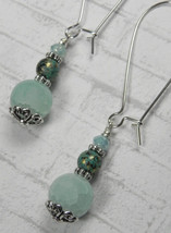 Cracked Glass Crystal Round Bead Pierced Earrings Handmade Silver Aqua New - $12.86