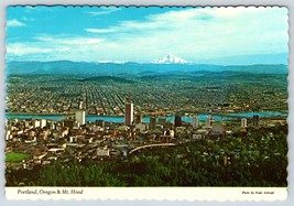 Postcard Portland Oregon And Mt Hood Background Aerial City View Scalloped Edges - £3.92 GBP