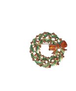 Vintage Gold Tone Green Enamel Christmas Wreath Brooch Rhinestones Jewelry - $15.25