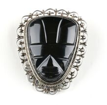 Vintage Sterling Silver Mexico Black Onyx Carved Stone Mask Aztec Warrio... - $89.99