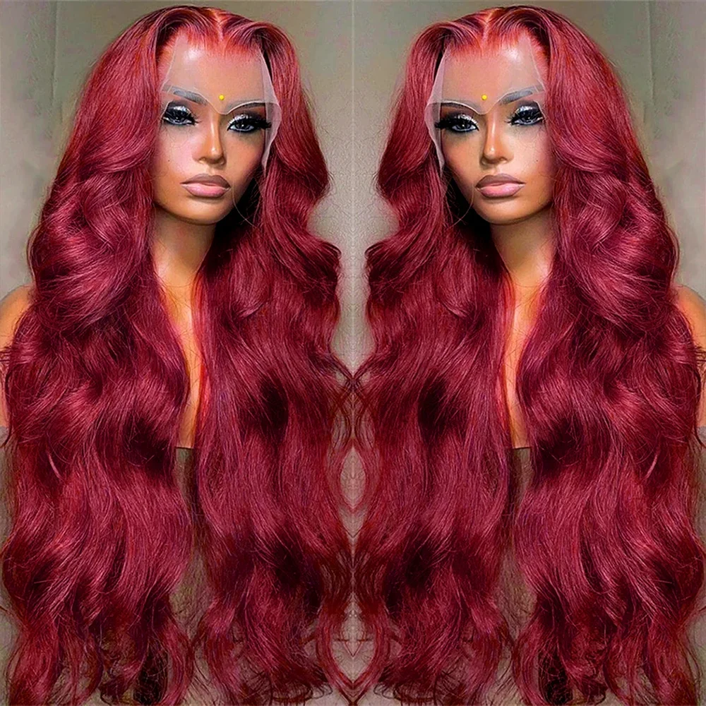 30 34 36 inch 99j Colored Lace Front Human Hair Wig Body Wave Burgundy Hd La - £93.73 GBP+