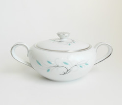Vintage Sugar Bowl Lid Jeannette Black Silver Swirls Turquoise Buds Japan 5509 - £24.01 GBP