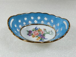 Miniature hand painted pierced oval porcelain bowl blue gold florals - $23.76