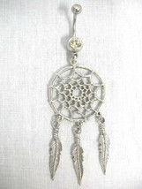 Pewter Web Spirit Dream Catcher W 3 Dangling Feathers Clear Belly Button Ring - £7.94 GBP