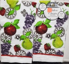 SET OF 2 SAME PRINTED VELOUR KITCHEN TOWELS (15&quot;x25&quot;) FRUITS ON WHITE # ... - £9.33 GBP