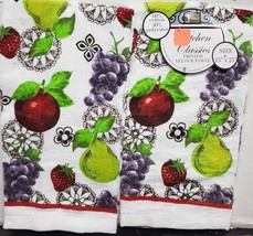 SET OF 2 SAME PRINTED VELOUR KITCHEN TOWELS (15&quot;x25&quot;) FRUITS ON WHITE # ... - $11.87