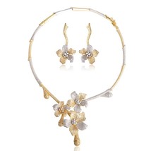 Blucome Flower Pendant Choker Necklace Dangle Earring Set Luxury Full Cubic Zirc - £84.18 GBP