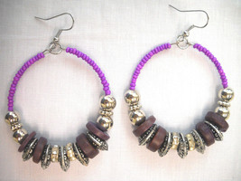 Purple Coconut Wood &amp; Antique Alloy &amp; Seed Beaded Hoop Dangling Earrings - £3.12 GBP