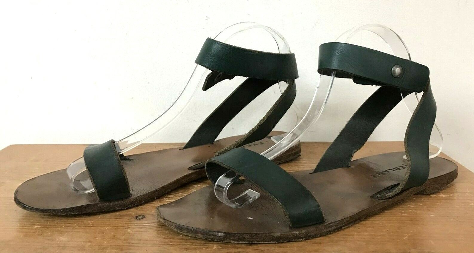 Everlane Dark Hunter Green Leather Sole Grecian Ankle Strap Sandals 9 39... - $39.59