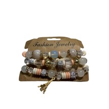 Multilayer Crystal Stone Bead Bracelets Tassels and Charms Peach White and Gold - £8.17 GBP