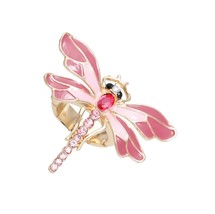 Women&#39;s Pink Epoxy Rhinestone Dragonfly Gold Plated Fashion Stretch Ring - £23.42 GBP