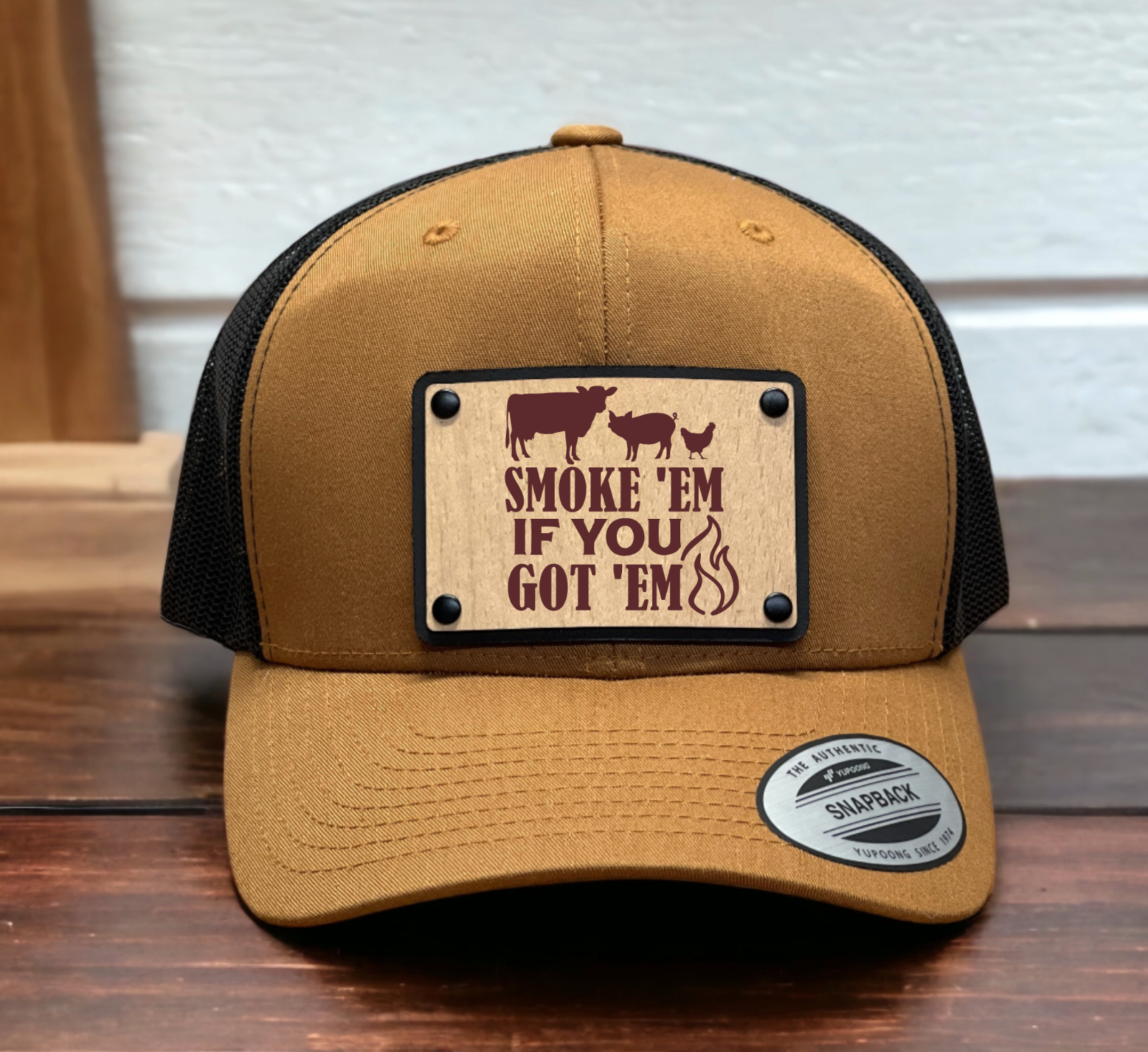 Smoke em Grill em BBQ Collection Trucker Hat Cap with Wood Leather Patch - $23.99