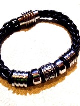 Homme Acier Inoxydable Cuir Noir Gothique Bracelet - £35.05 GBP