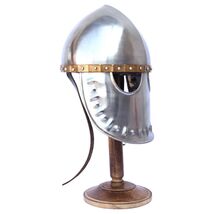 Brass Trim Italo-Norman Medieval Helmet W/ Leather Liner & Wooden Display Stand image 2