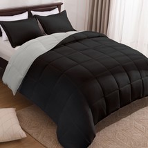 Twin Size Comforter Set - Washed Microfiber Black And Grey Reversible Be... - £43.45 GBP