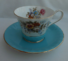 AYNSLEY COFFEE CUP SAUCER TEA GOLD TURQUOISE 2958 ENGLAND VINTAGE - $33.97