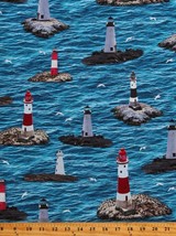 Cotton Lighthouses Ocean Nautical Scenic Coastal Fabric Print by Yard D368.62 - £11.15 GBP