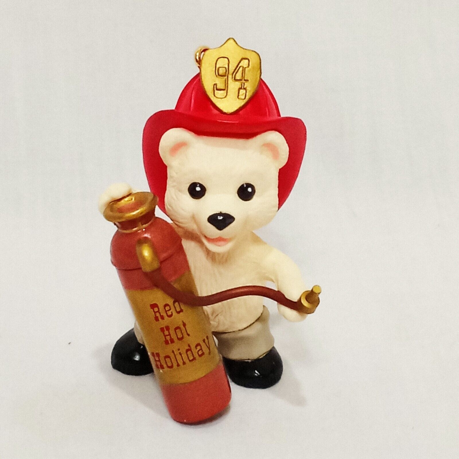 Primary image for Red Hot Holiday Bear Fireman Fire Extinguish Christmas Ornament 1996 3" Hallmark