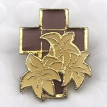 Cross Flowers Pin Brooch Gold Tone Enamel Vintage - $9.95