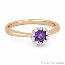 0.43 ct Round Cut Amethyst Gem &amp; Diamond Halo Promise Ring in 14k Rose Pink Gold - £412.58 GBP